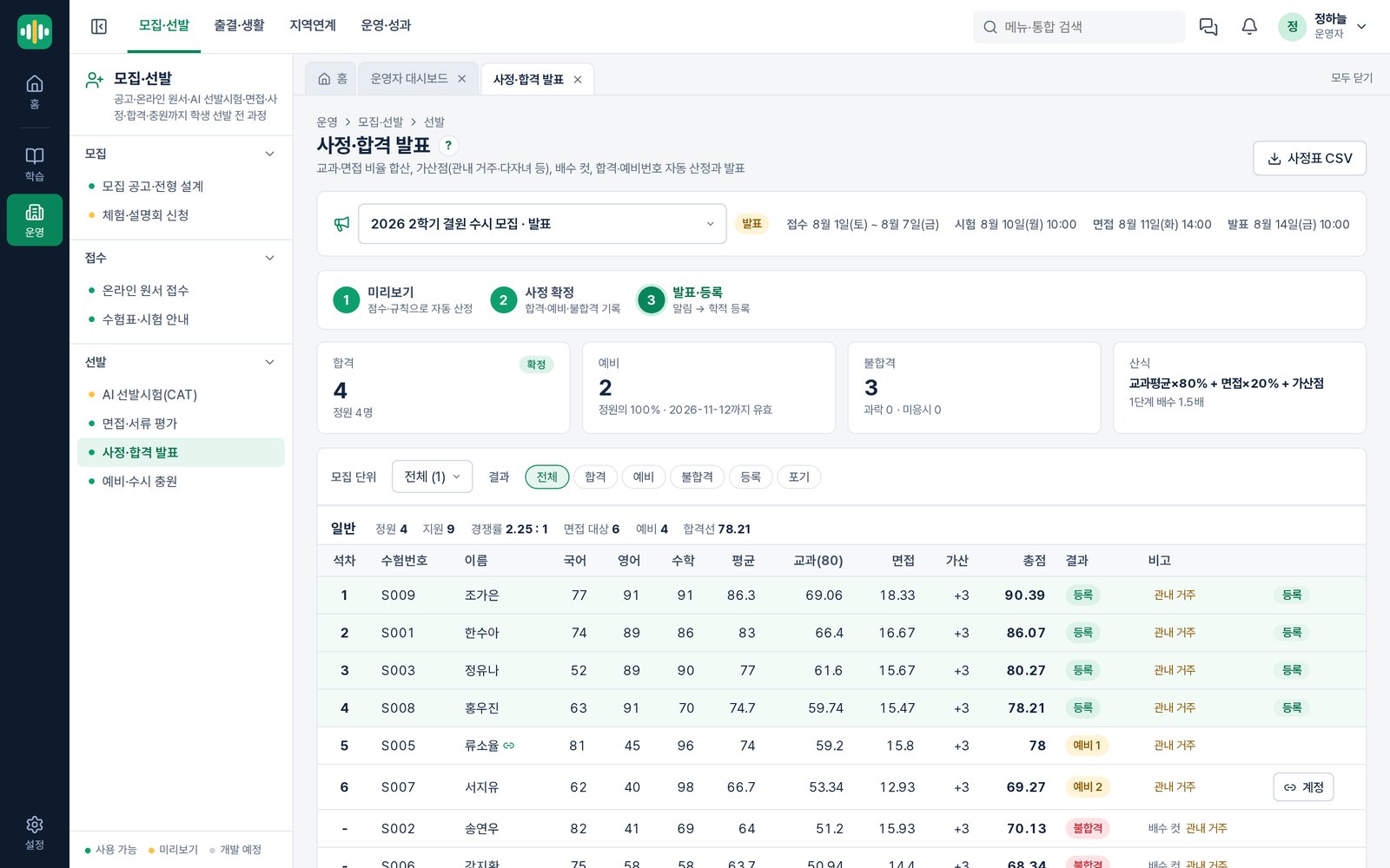사정·합격 발표 화면